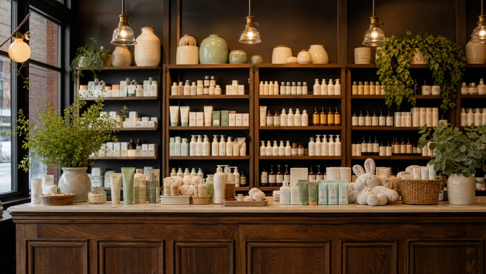 Well-stocked pharmacy shelves
